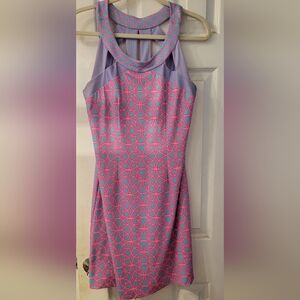 Gretchen Scott Designs Strapless Dress in Blue and Pink Geometric Print